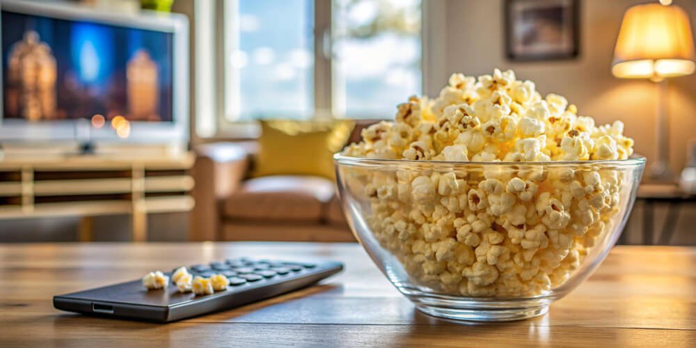 Bowl of popcorn and TV remote in cozy living room, reflecting the loneliness of weekend fatherhood after divorce