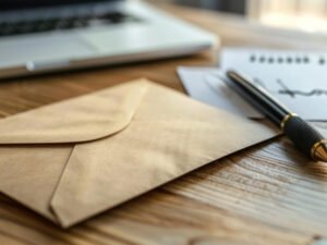 Brown envelope and pen on wooden desk beside laptop, symbolizing a breakup letter or divorce note left behind in grief and betrayal