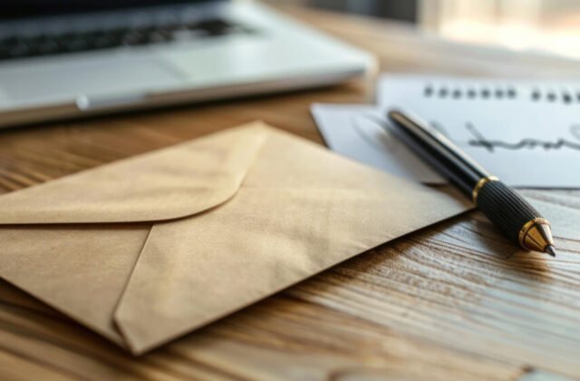 Brown envelope and pen on wooden desk beside laptop, symbolizing a breakup letter or divorce note left behind in grief and betrayal