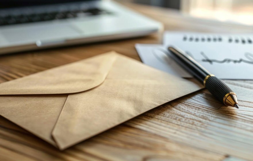 Brown envelope and pen on wooden desk beside laptop, symbolizing a breakup letter or divorce note left behind in grief and betrayal