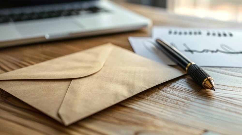 Brown envelope and pen on wooden desk beside laptop, symbolizing a breakup letter or divorce note left behind in grief and betrayal