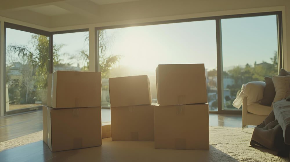 Stack of moving boxes in empty living room, symbolizing divorce, separation, and starting over after family breakup