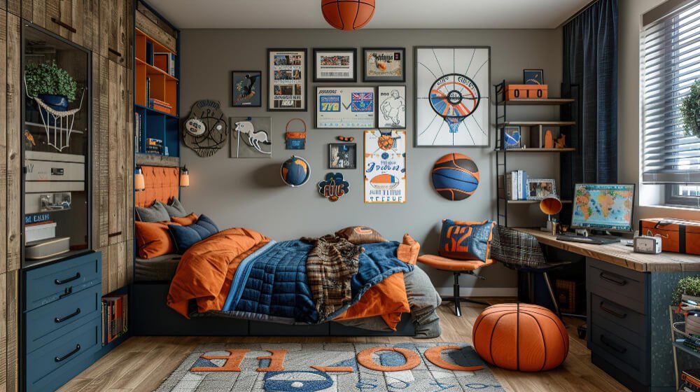Basketball-themed teen bedroom with posters, sports décor, and study desk, representing parental investment in a child’s passions and future