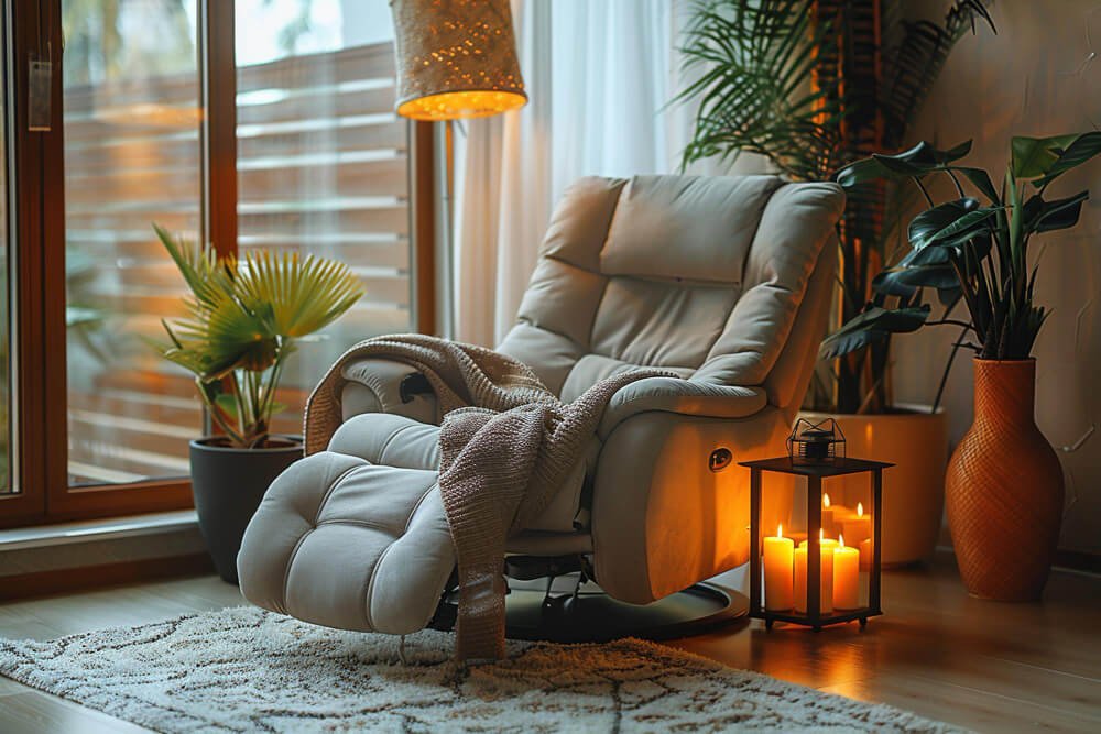 Empty chair with memorial candles in a cozy living room — symbolizing grief and remembrance after loss.