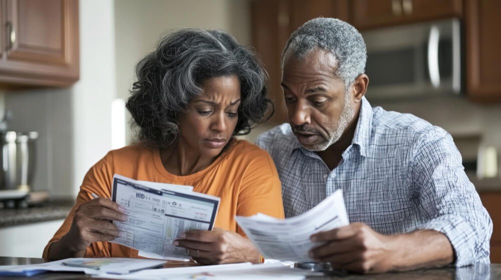 Worried couple at kitchen table reviewing overdue bills, representing retirement lost to student loan debt for adult children