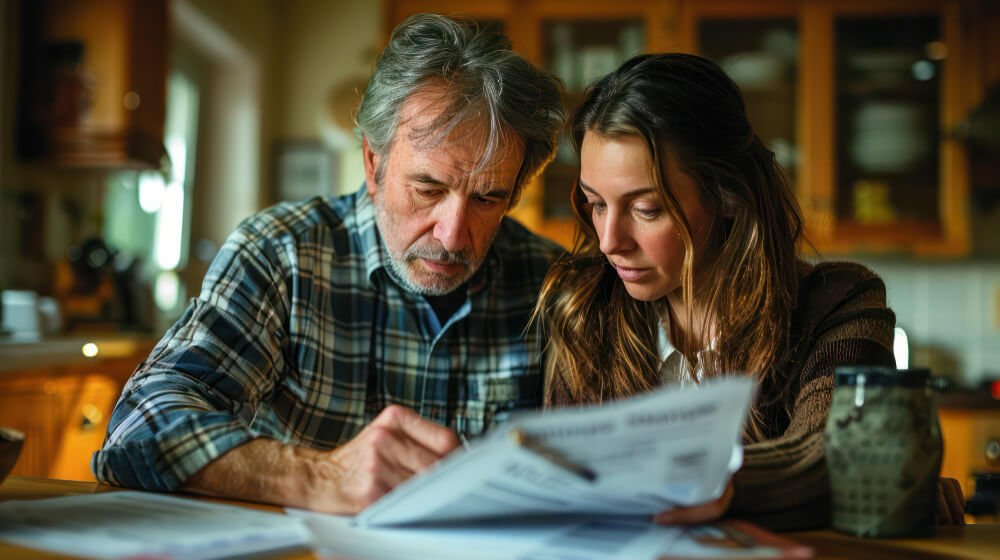 Elderly father and adult daughter reviewing loan documents at kitchen table, reflecting generational debt from Parent PLUS loans