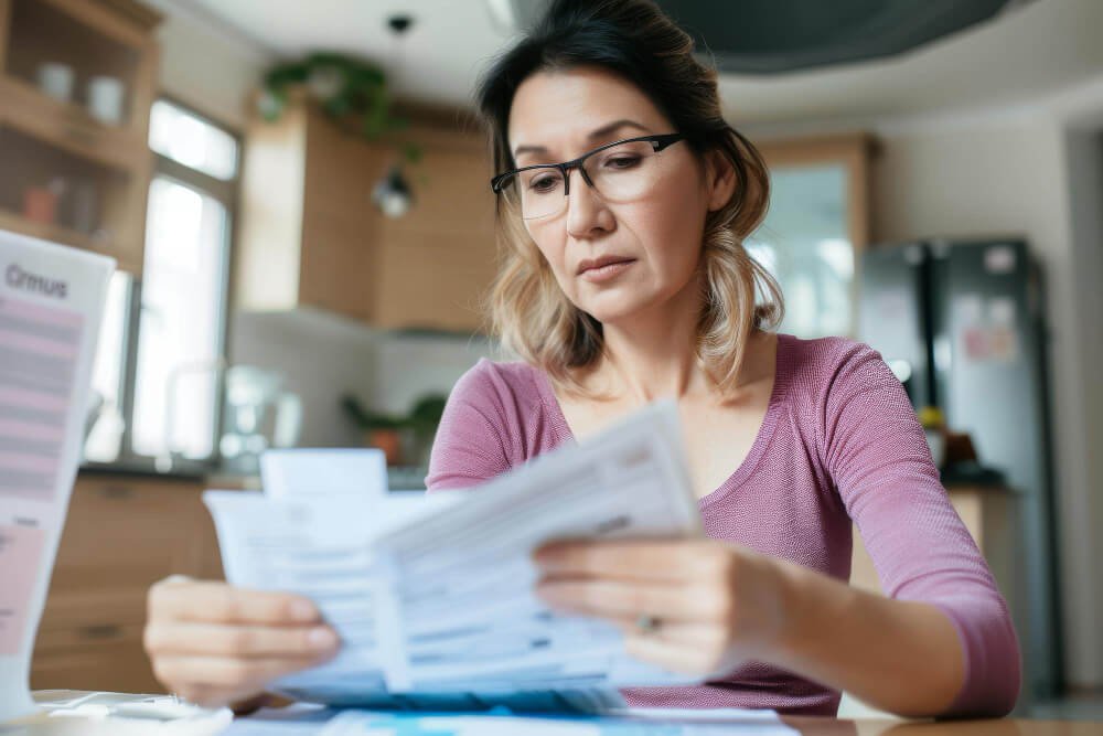 Middle-aged woman reviewing a stack of bills at home, symbolizing the financial toll of supporting an estranged child