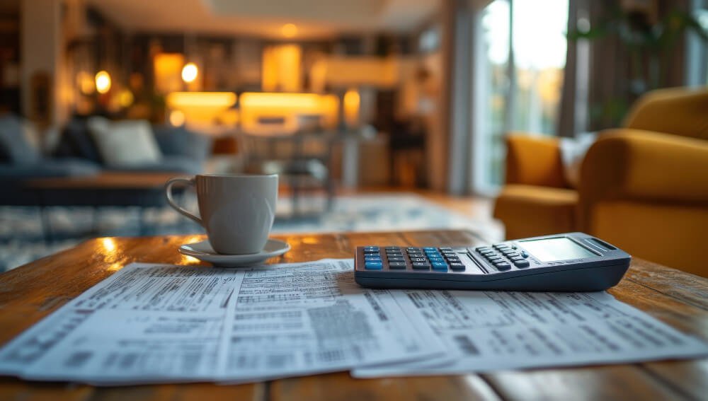 Bills, calculator, and coffee cup on wooden table, illustrating the daily grind of debt management for struggling parents
