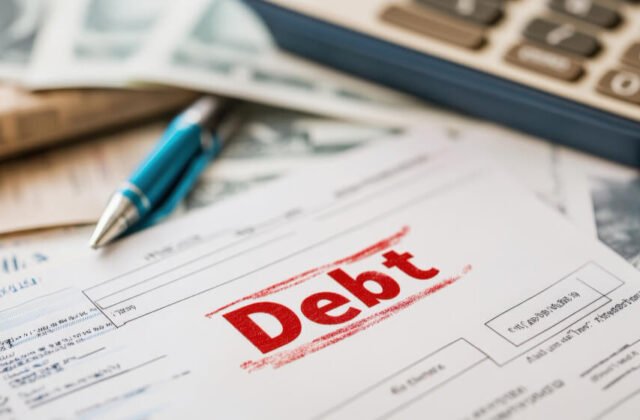 Close-up of tax form stamped with the word Debt, symbolizing Parent PLUS loans and financial burdens parents can’t escape