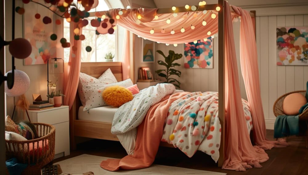 Warmly lit modern bedroom with canopy and colorful pillows, symbolizing childhood comfort preserved by parents despite estrangement