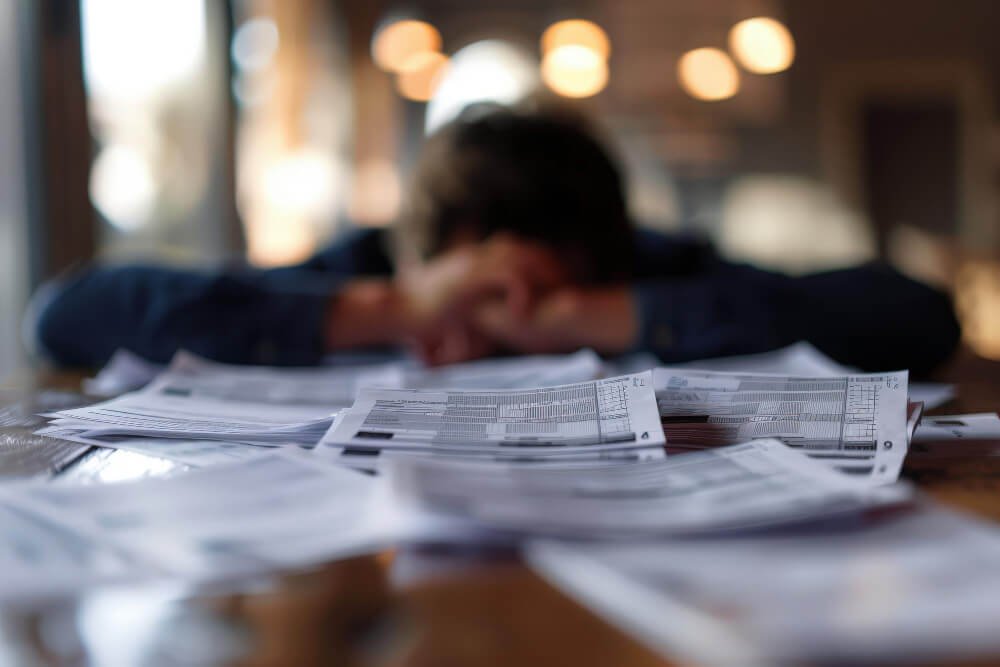 Stressed man with head in hands surrounded by overdue bills, representing crushing loan payments for estranged children