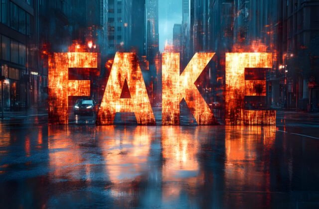 Glowing digital word FAKE in city street, symbolizing false narratives and misinformation about parents labeled toxic
