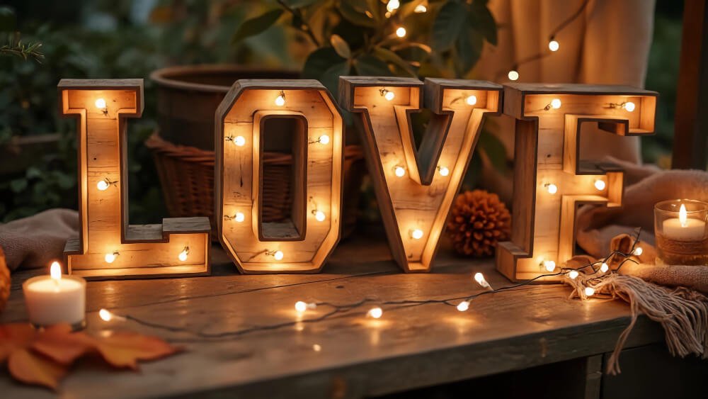 Rustic wooden letters spelling LOVE with glowing lights, symbolizing empathy, compassion, and family healing after misunderstanding