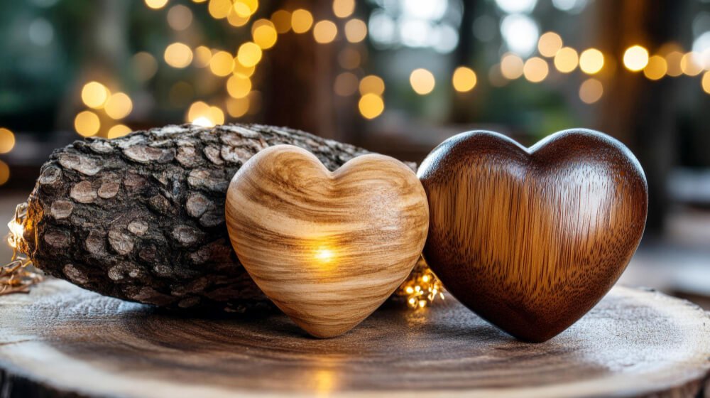 Two carved wooden hearts on a tree stump with warm lights, symbolizing generational love, forgiveness, and resilience in families