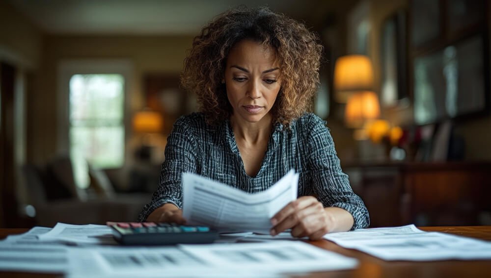 Concerned woman reading financial statements, highlighting bankruptcy fears from Parent PLUS loan debt