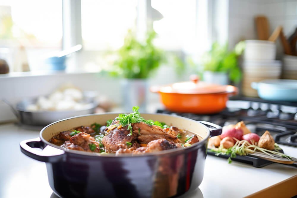 Dutch oven with homemade meal in bright kitchen, representing years of parental sacrifice through daily dinners and family care
