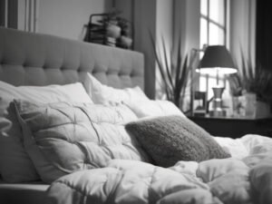 Monochrome bedroom — symbol of grief insomnia