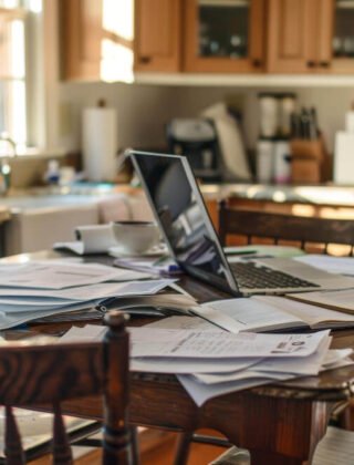 Overwhelming grief paperwork and bills piling up on a kitchen table showing how loss can leave people stuck in daily responsibilities.