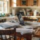 Overwhelming grief paperwork and bills piling up on a kitchen table showing how loss can leave people stuck in daily responsibilities.