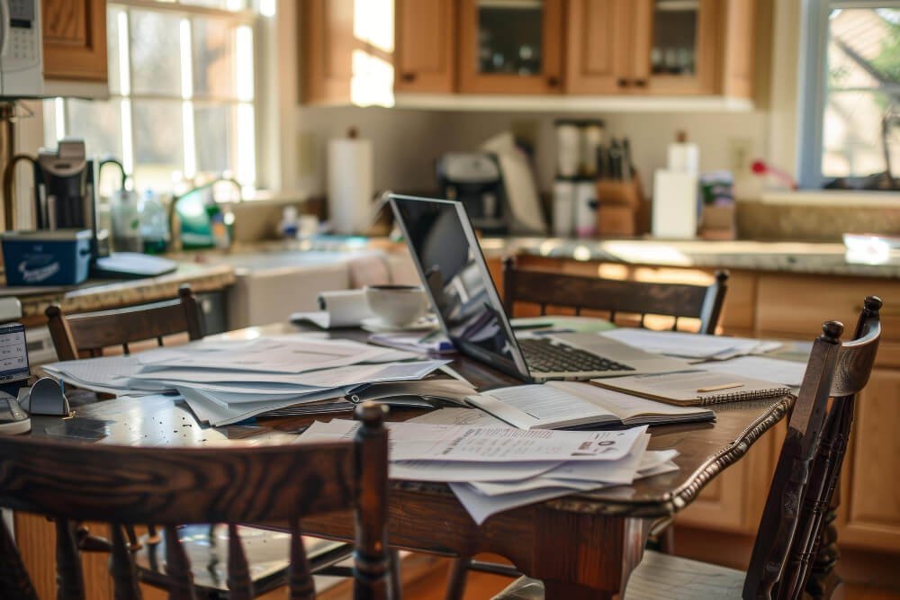 Overwhelming grief paperwork and bills piling up on a kitchen table showing how loss can leave people stuck in daily responsibilities.