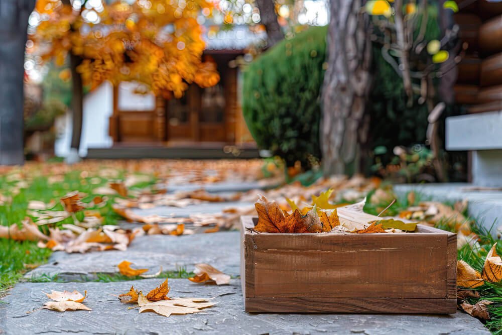 Box of autumn leaves on a stone path symbolizing grief as a natural season of life