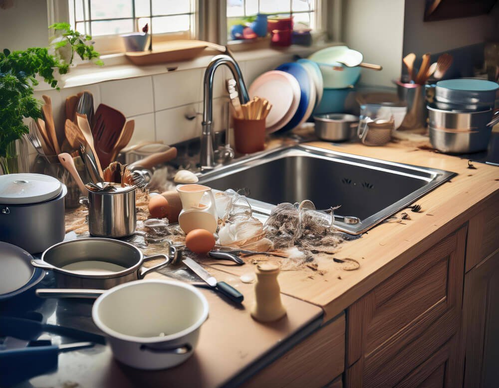Messy kitchen with clutter and broken dishes symbolizing how grief can stall routines and leave everyday life feeling unmanageable.