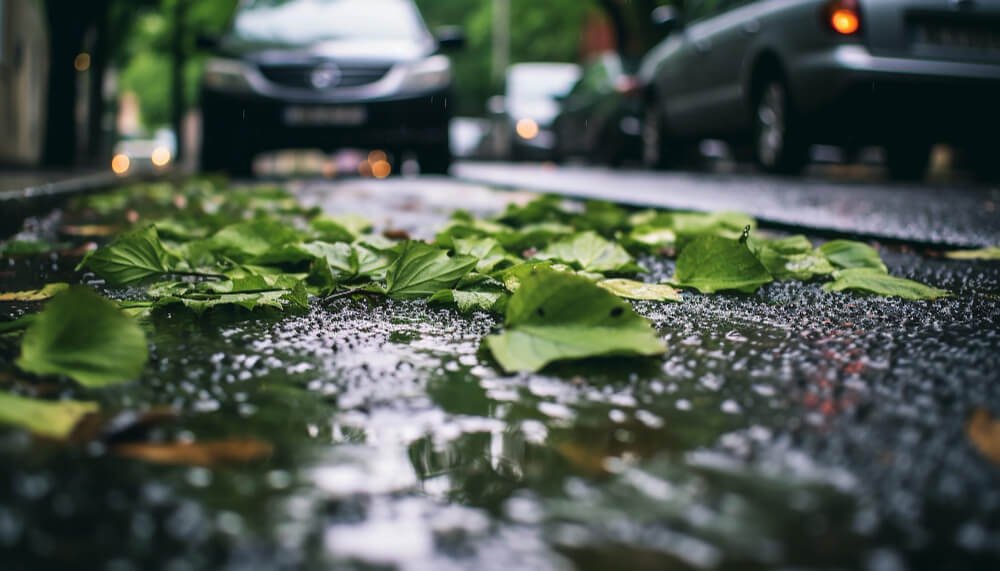 Green leaves floating in rainwater symbolizing depression’s heavy weight compared to grief’s fluidity