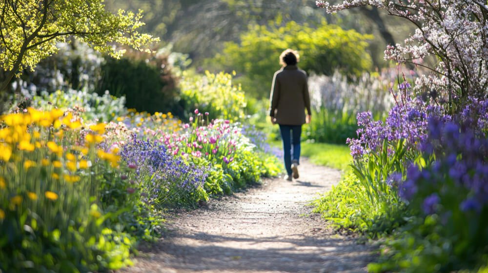 Person walking down a bright spring path surrounded by flowers symbolizing recovery and the contrast with depression