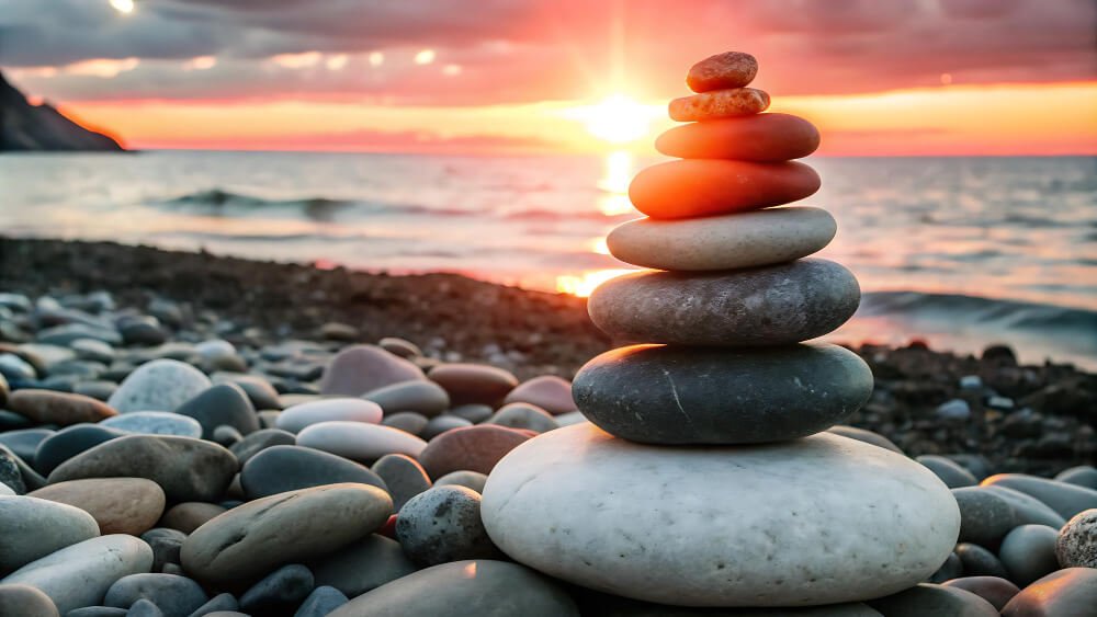 Smooth Zen stones by the ocean at sunrise symbolizing grief healing and new beginnings