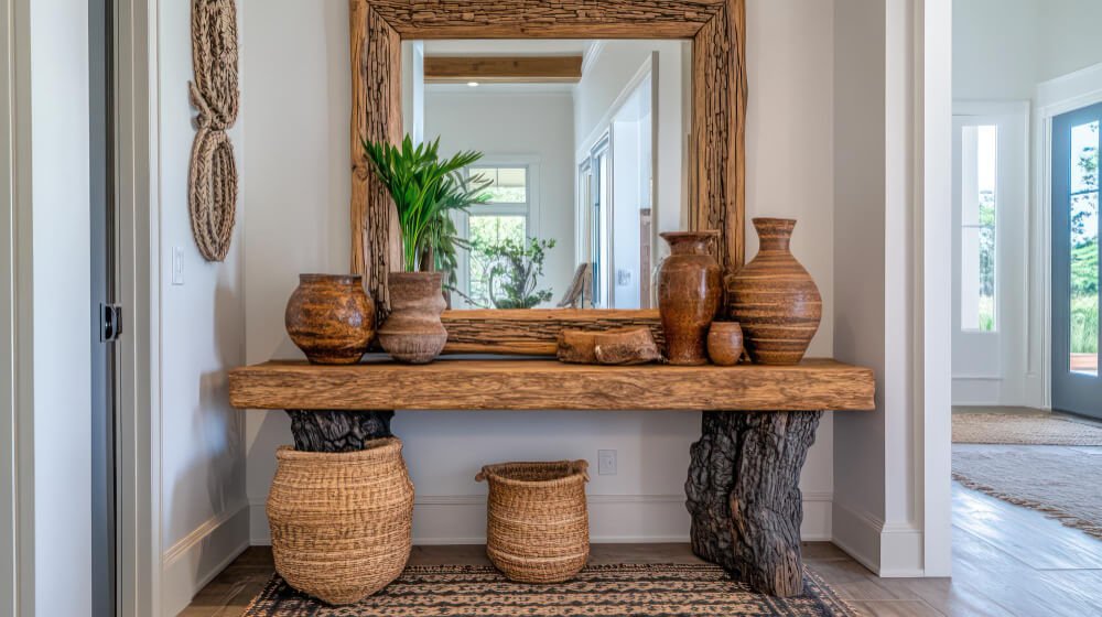 Rustic wooden framed mirror with vases — representing hidden grief symptoms beneath the surface.