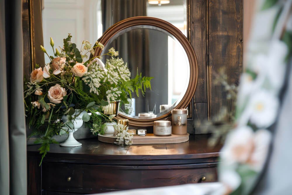 Round mirror entryway table with fall decor — reflecting hidden grief symptoms no one talks about