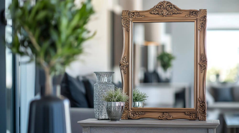 Ornate gold mirror frame with plants — symbolizing grief’s invisible symptoms and unspoken struggles.