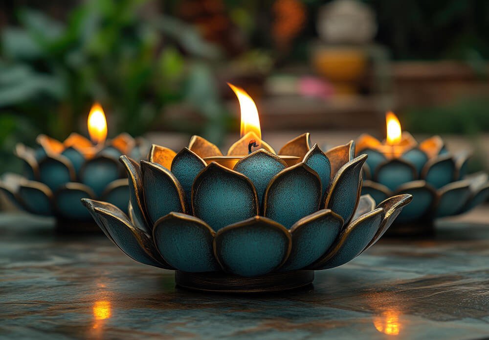Lotus flower candles glowing in the dark, symbolizing grief rituals and remembrance