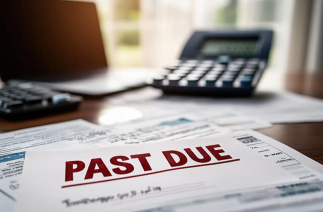 Overdue bill on desk with calculator — unpaid expenses piling up after loss.