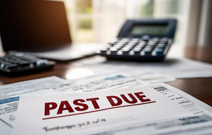 Overdue bill on desk with calculator — unpaid expenses piling up after loss.
