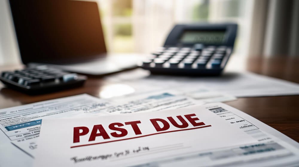 Overdue bill on desk with calculator — unpaid expenses piling up after loss.