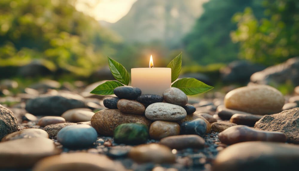 White candle surrounded by healing stones in nature, representing grief support and inner peace