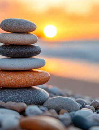 Stacked stones at sunset symbolizing balance and the grief journey timeline