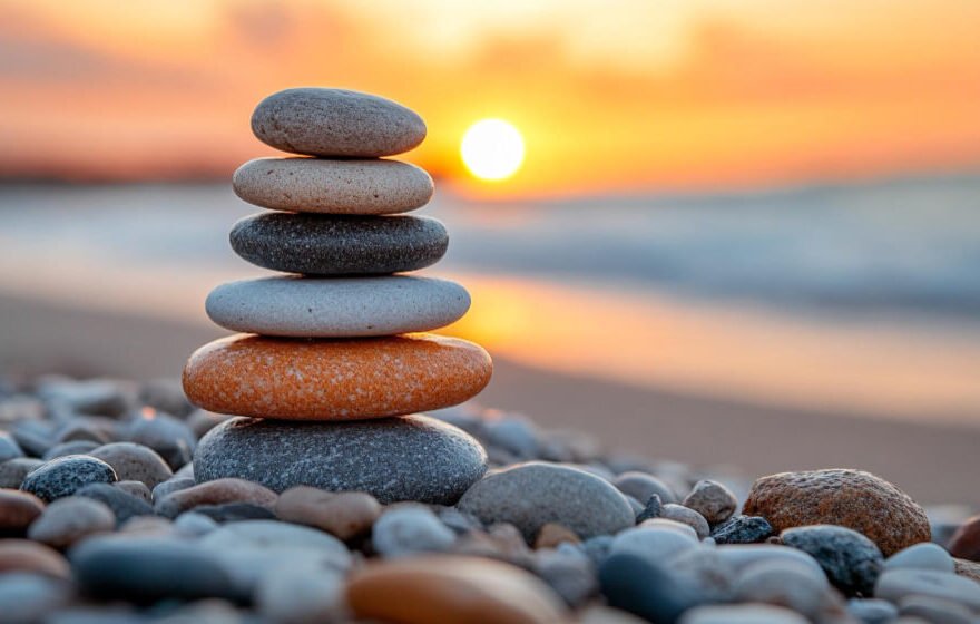 Stacked stones at sunset symbolizing balance and the grief journey timeline