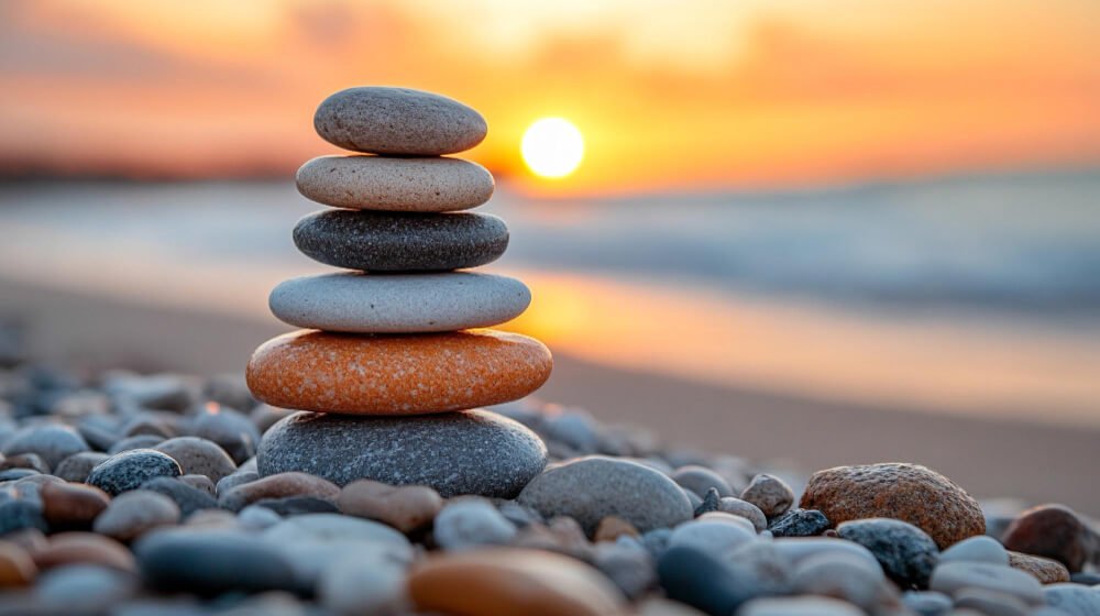 Stacked stones at sunset symbolizing balance and the grief journey timeline