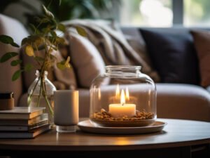 Memorial candle glowing in a peaceful living room, representing remembrance and comfort after loss.