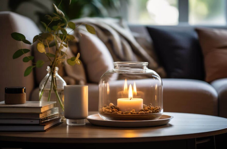 Memorial candle glowing in a peaceful living room, representing remembrance and comfort after loss.