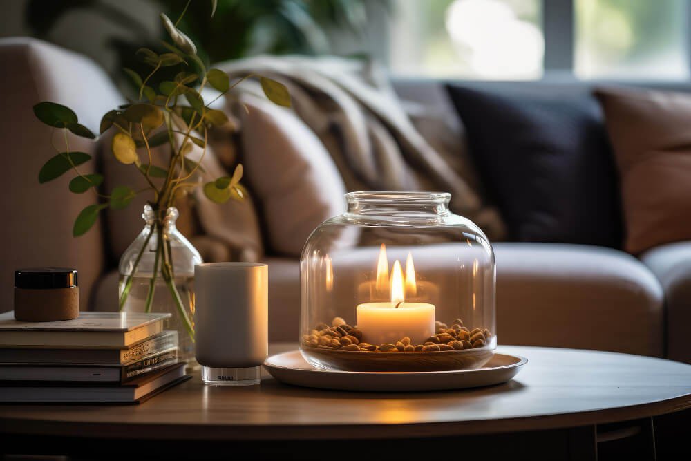 Memorial candle glowing in a peaceful living room, representing remembrance and comfort after loss.