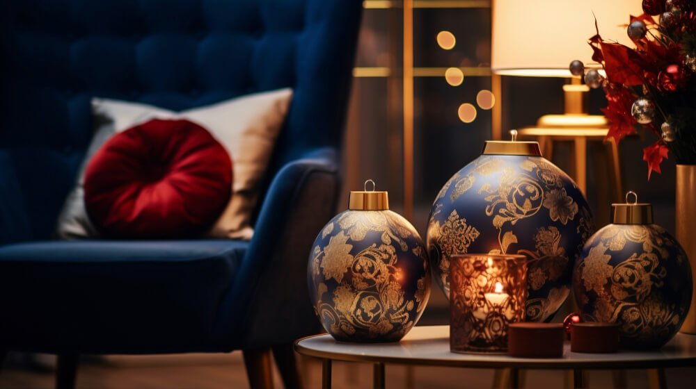 Christmas decorations and memorial candle beside an empty chair, highlighting holiday grief and remembrance.